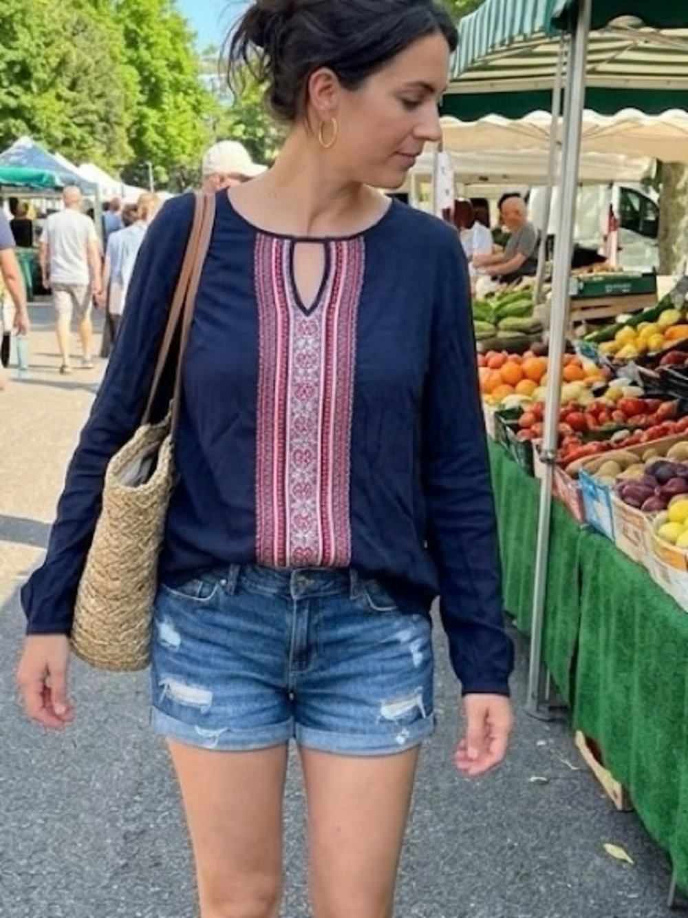 Peasant Navy Blue Embroidered Boho Tunic Top Keyhole Neckline Cottagecore Indie